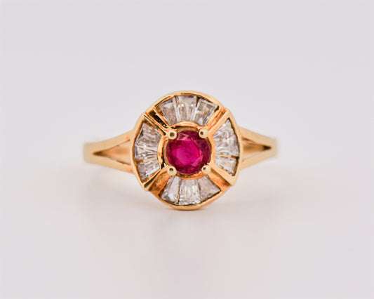 Round Ruby Halo Ring in Yellow Gold
