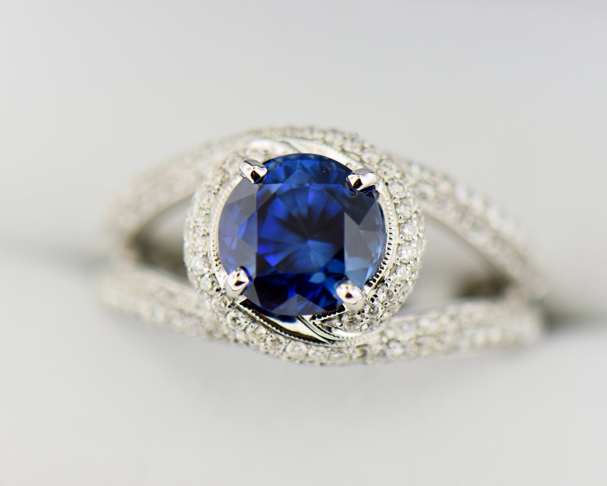 2.68ct Round Blue Sapphire in Swirly Pavé Diamond Cocktail Ring
