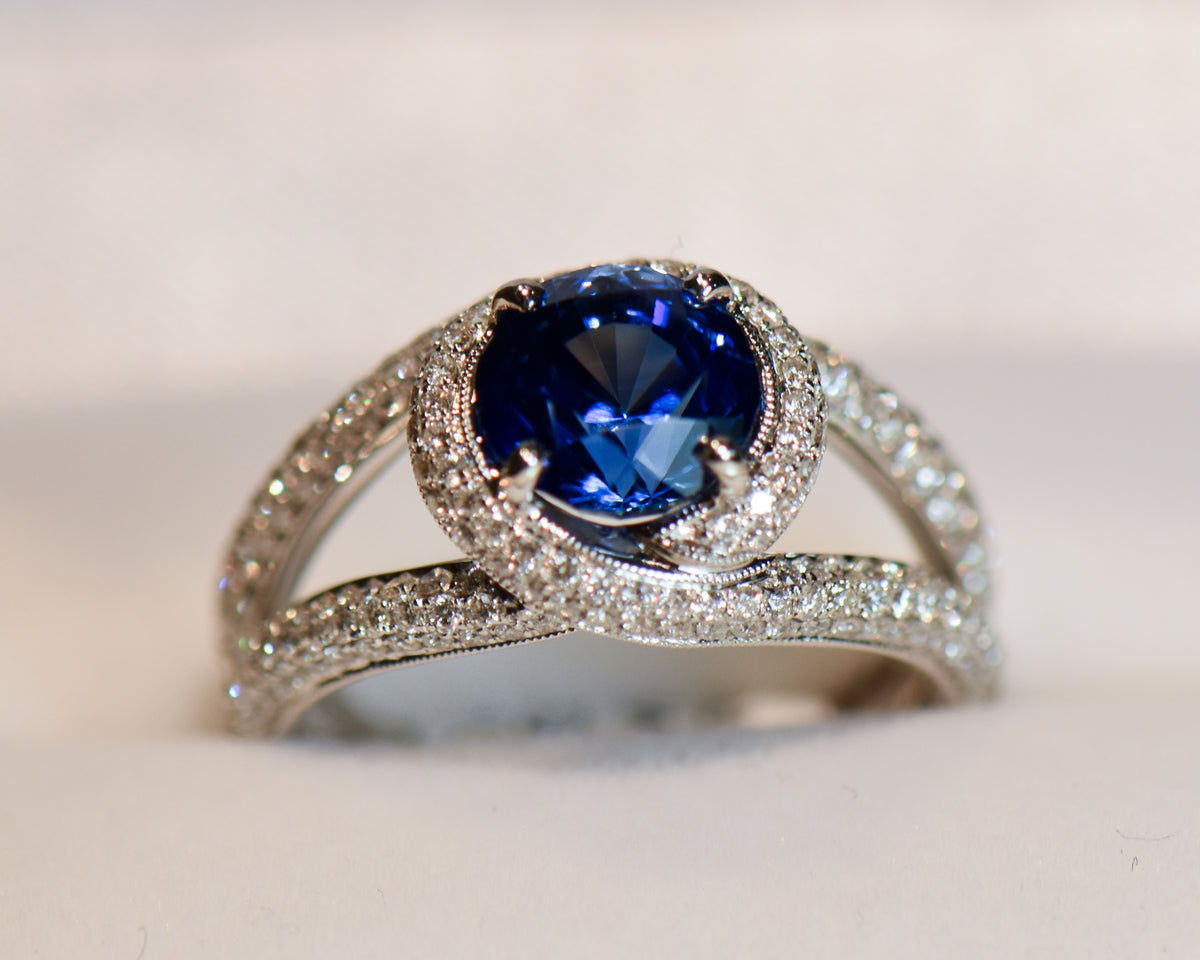 2.68ct Round Blue Sapphire in Swirly Pavé Diamond Cocktail Ring