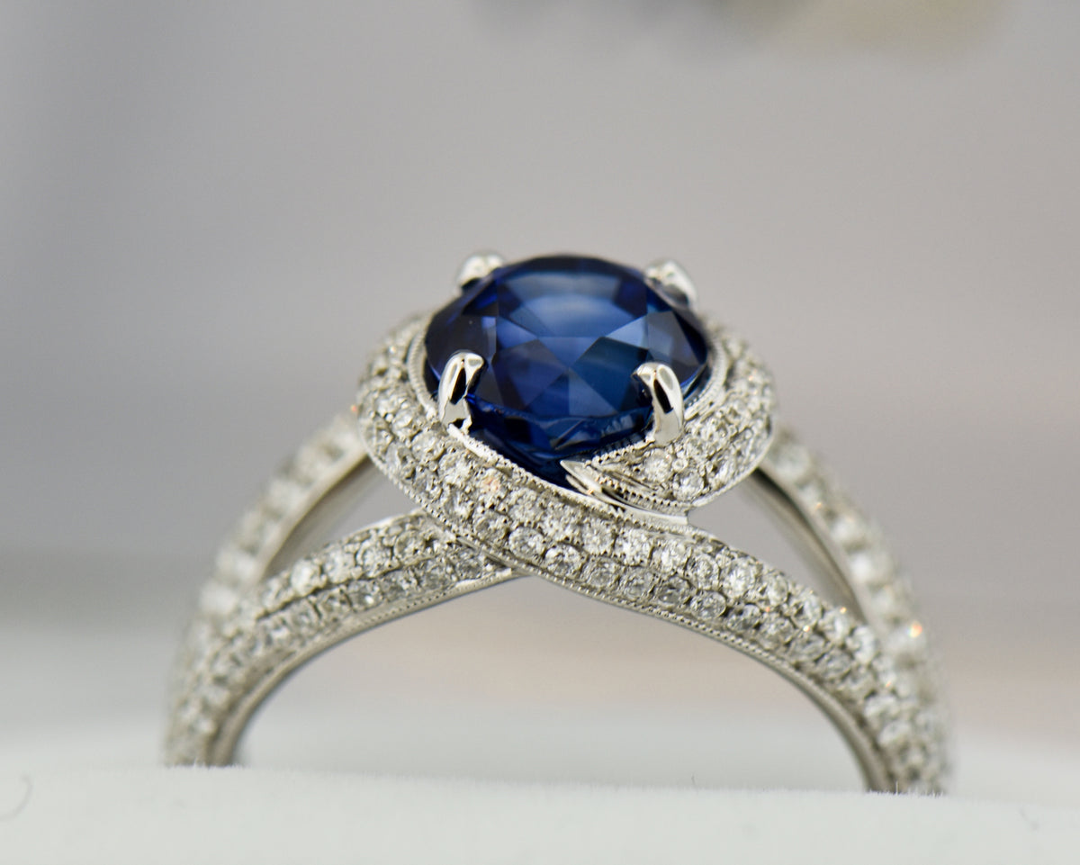 2.68ct Round Blue Sapphire in Swirly Pavé Diamond Cocktail Ring
