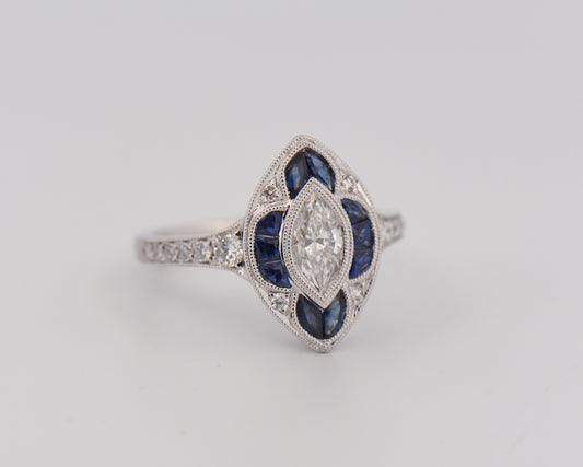 Edwardian Style Sapphire & Diamond Navette Ring