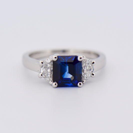 Square Blue Sapphire & Half Moon Diamond Engagement Ring