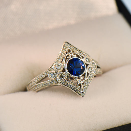 Vintage Style Blue Sapphire & Diamond Ring