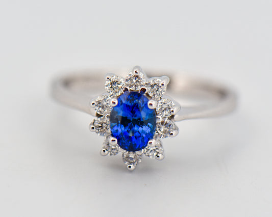 Blue Sapphire & Diamond Halo Ring- Princess Diana Style