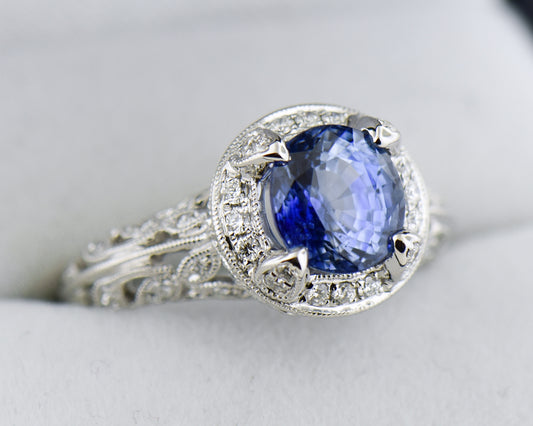 Custom White Gold Filigree Ring with Large Ceylon Sapphire
