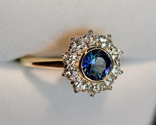 Antique Bezel Set Teal-Blue Sapphire & Old Euro Diamond Halo Ring