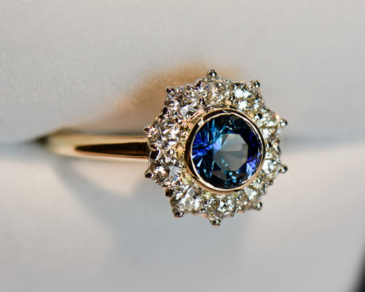 Antique Bezel Set Teal-Blue Sapphire & Old Euro Diamond Halo Ring
