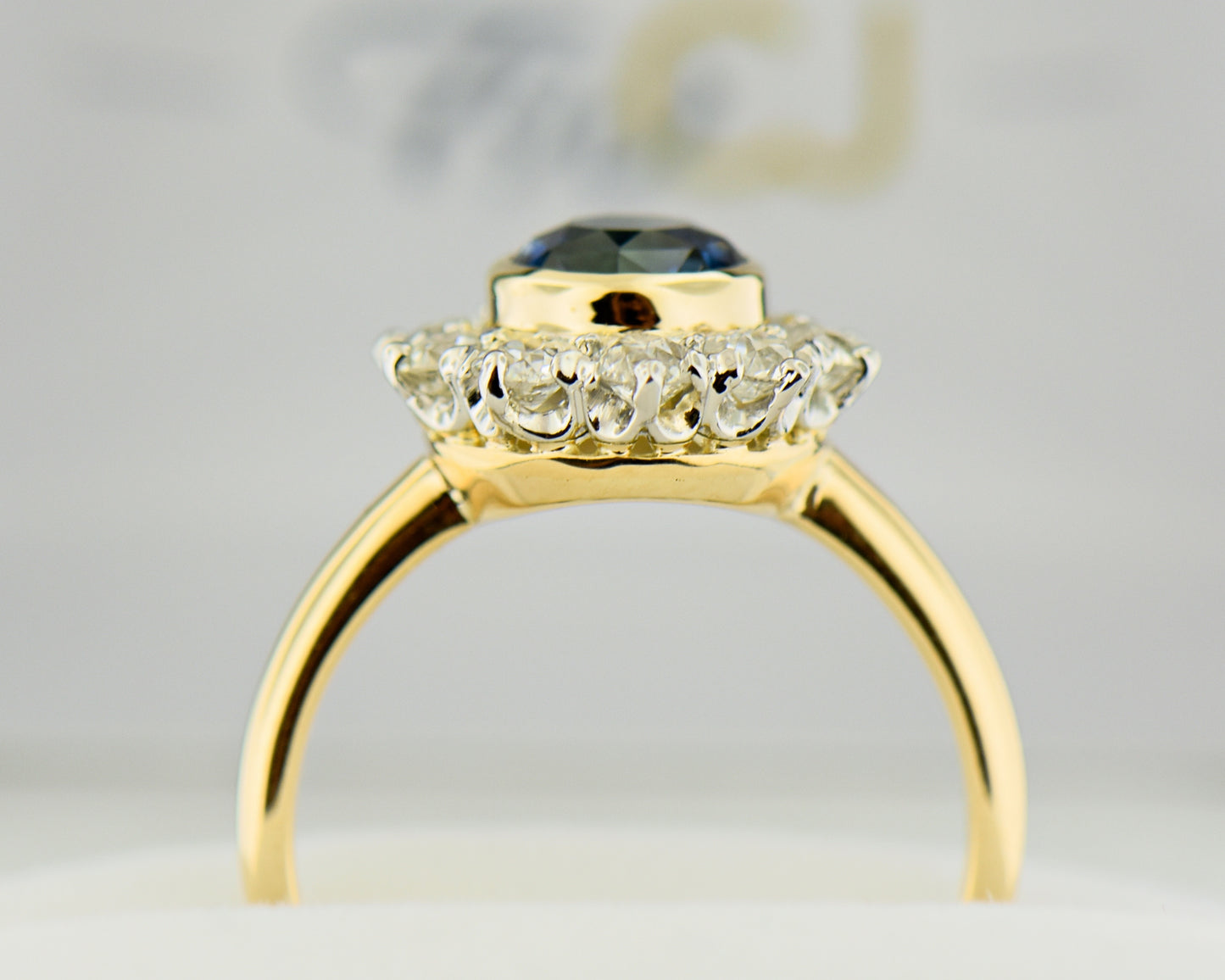 Antique Bezel Set Teal-Blue Sapphire & Old Euro Diamond Halo Ring