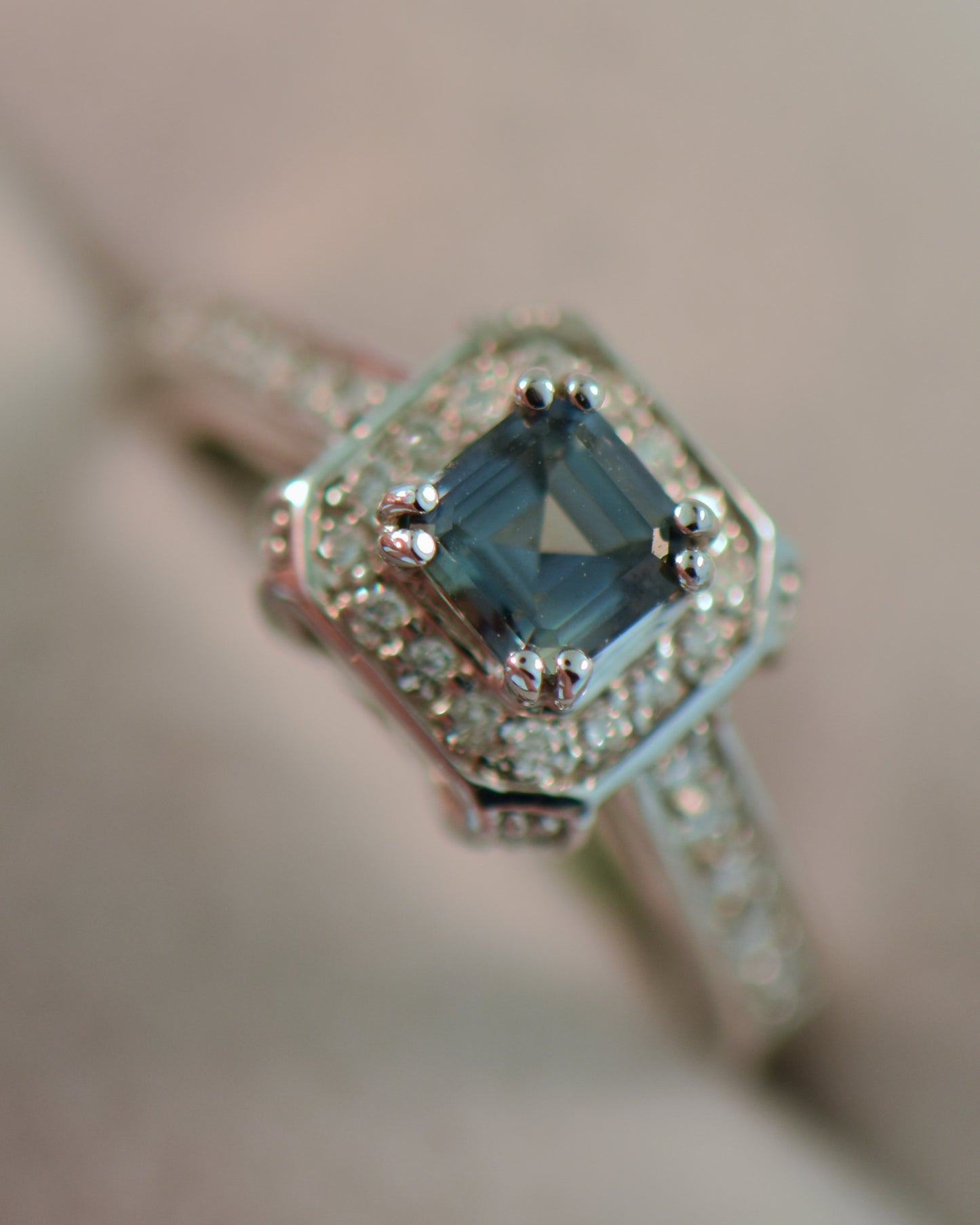 Asscher Cut Teal Sapphire Halo Engagement Ring
