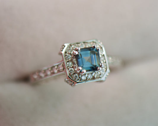 Asscher Cut Teal Sapphire Halo Engagement Ring
