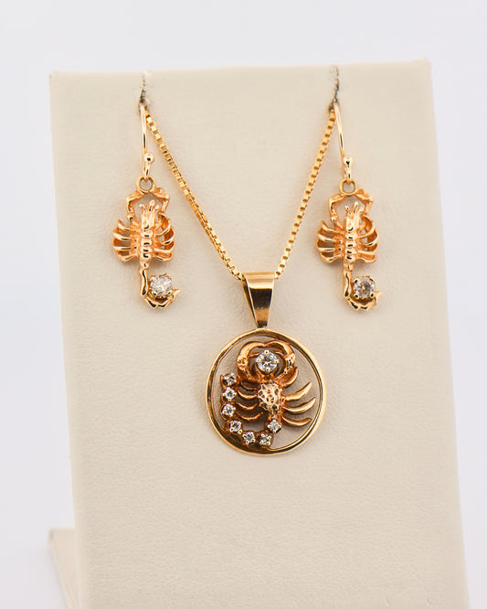 Scorpion Diamond Pendant and Earring Set in Yellow Gold