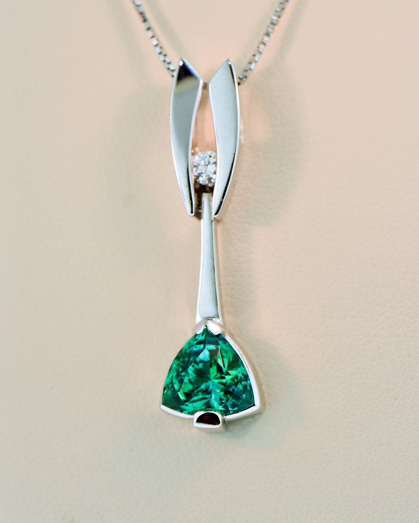 Custom White Gold Pendant with Neon Teal Tourmaline