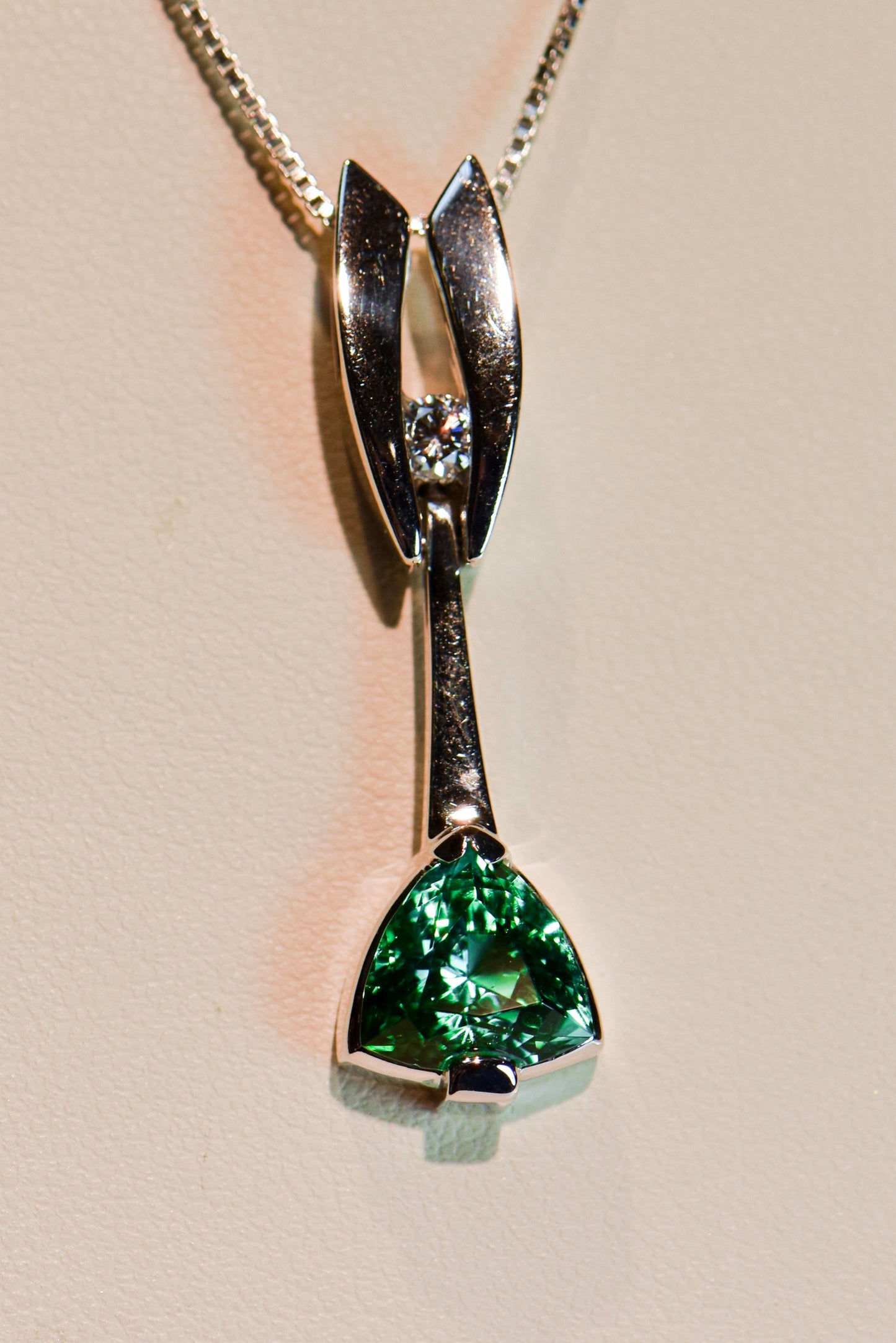Custom White Gold Pendant with Neon Teal Tourmaline