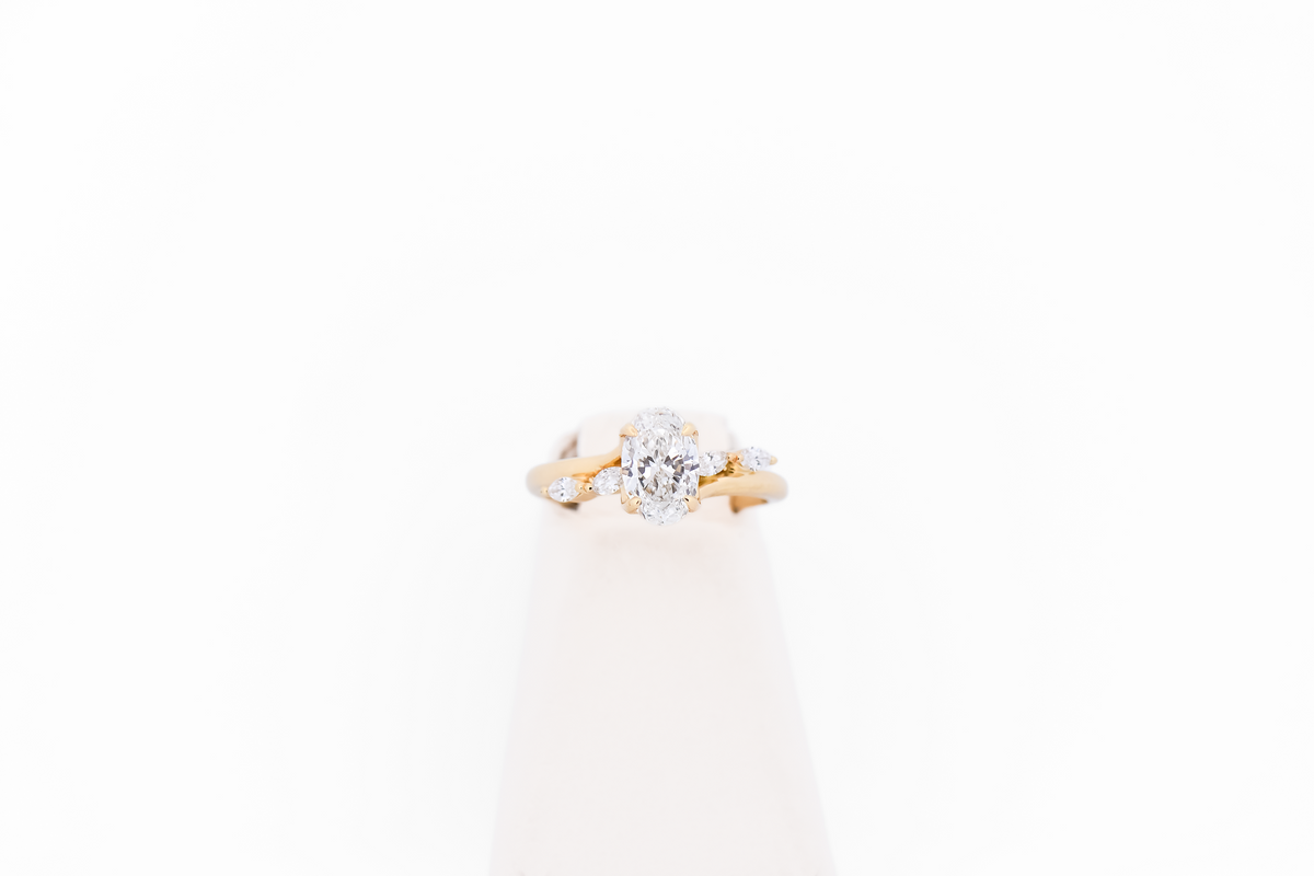 Skinny Oval Diamond Engagement Ring with Marquise Accents in Yellow Gold