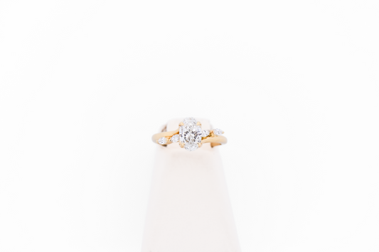Skinny Oval Diamond Engagement Ring with Marquise Accents in Yellow Gold
