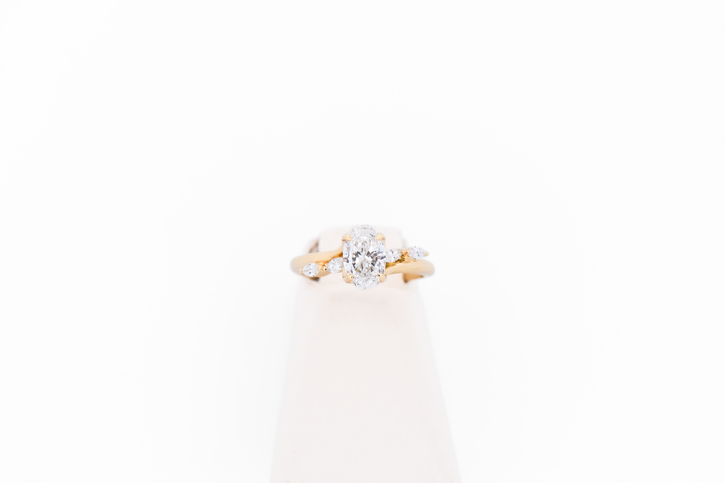Skinny Oval Diamond Engagement Ring with Marquise Accents in Yellow Gold