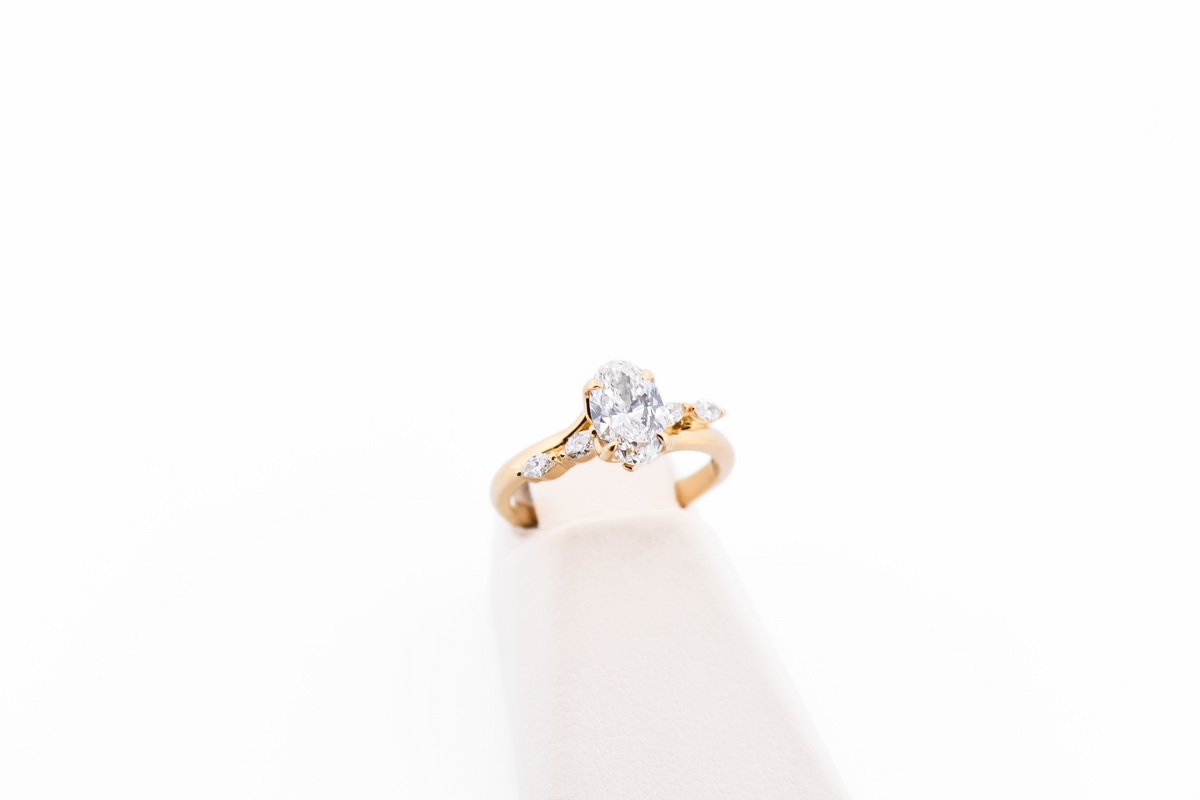 Skinny Oval Diamond Engagement Ring with Marquise Accents in Yellow Gold