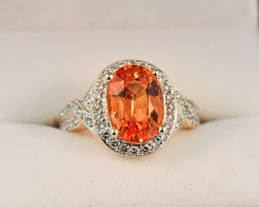 Neon Orange Spessartite & Diamond Ring "Fanta Garnet"