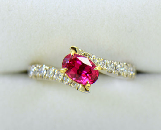 Neon Reddish Pink Spinel & Diamond Bypass Ring