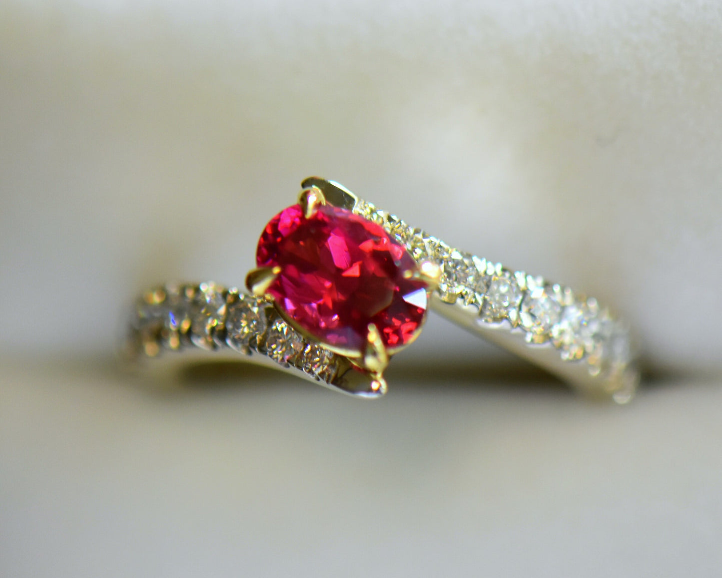 Neon Reddish Pink Spinel & Diamond Bypass Ring