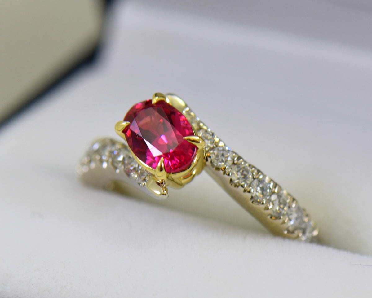 Neon Reddish Pink Spinel & Diamond Bypass Ring