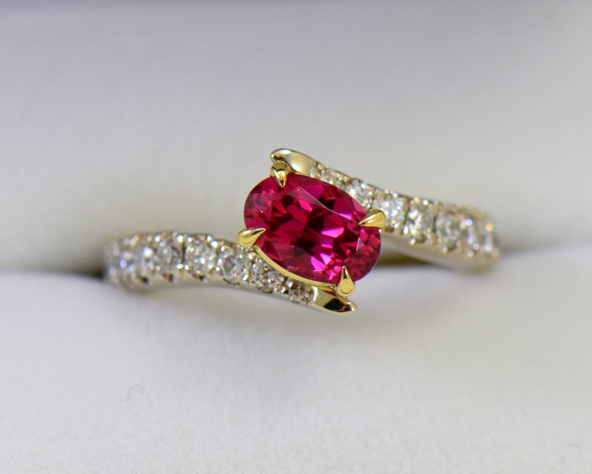 Neon Reddish Pink Spinel & Diamond Bypass Ring