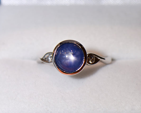Burmese Blue Star Sapphire Engagement Ring in White Gold