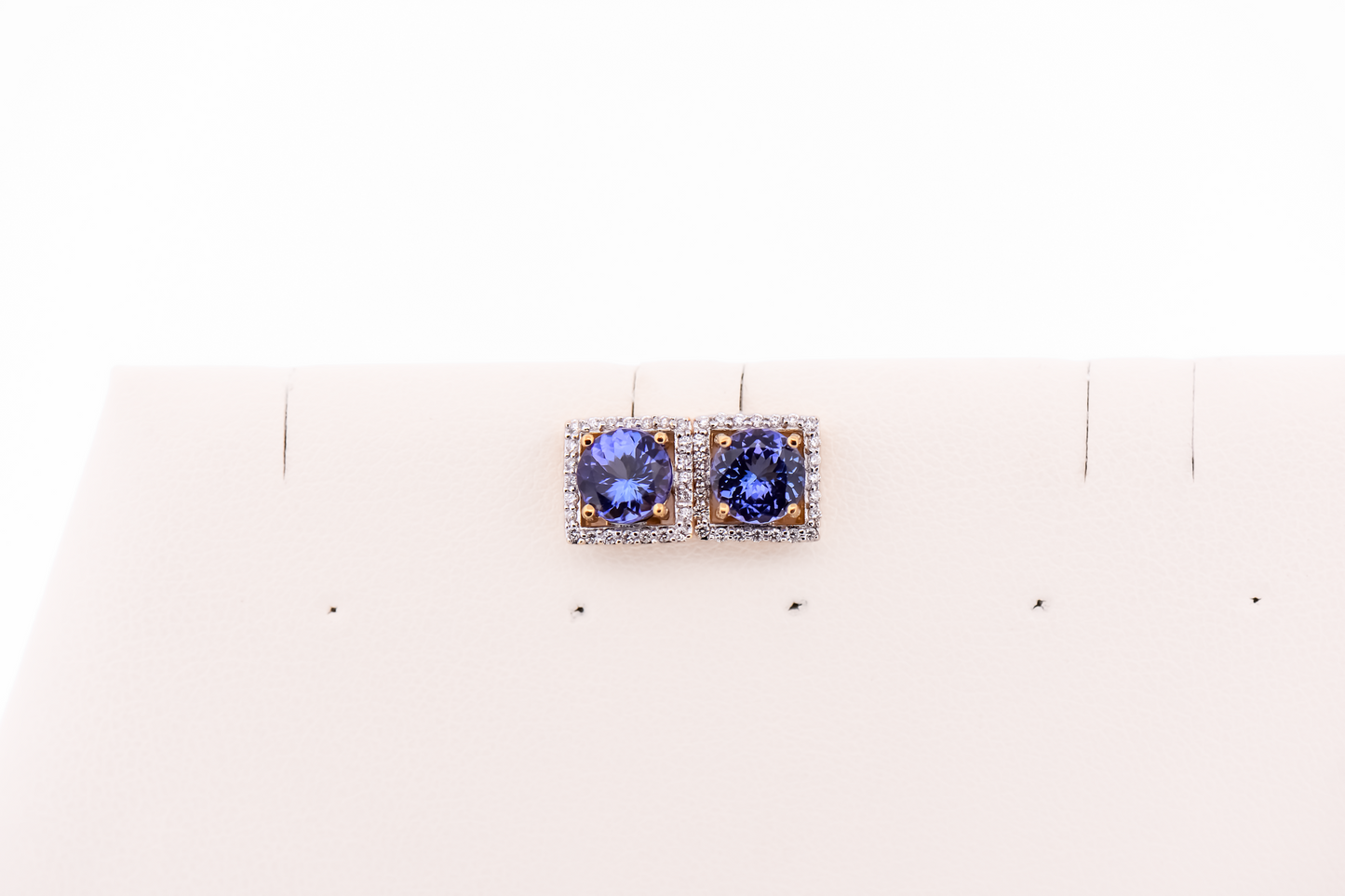 Stud Earrings with Round Tanzanite and Square Diamond Frames