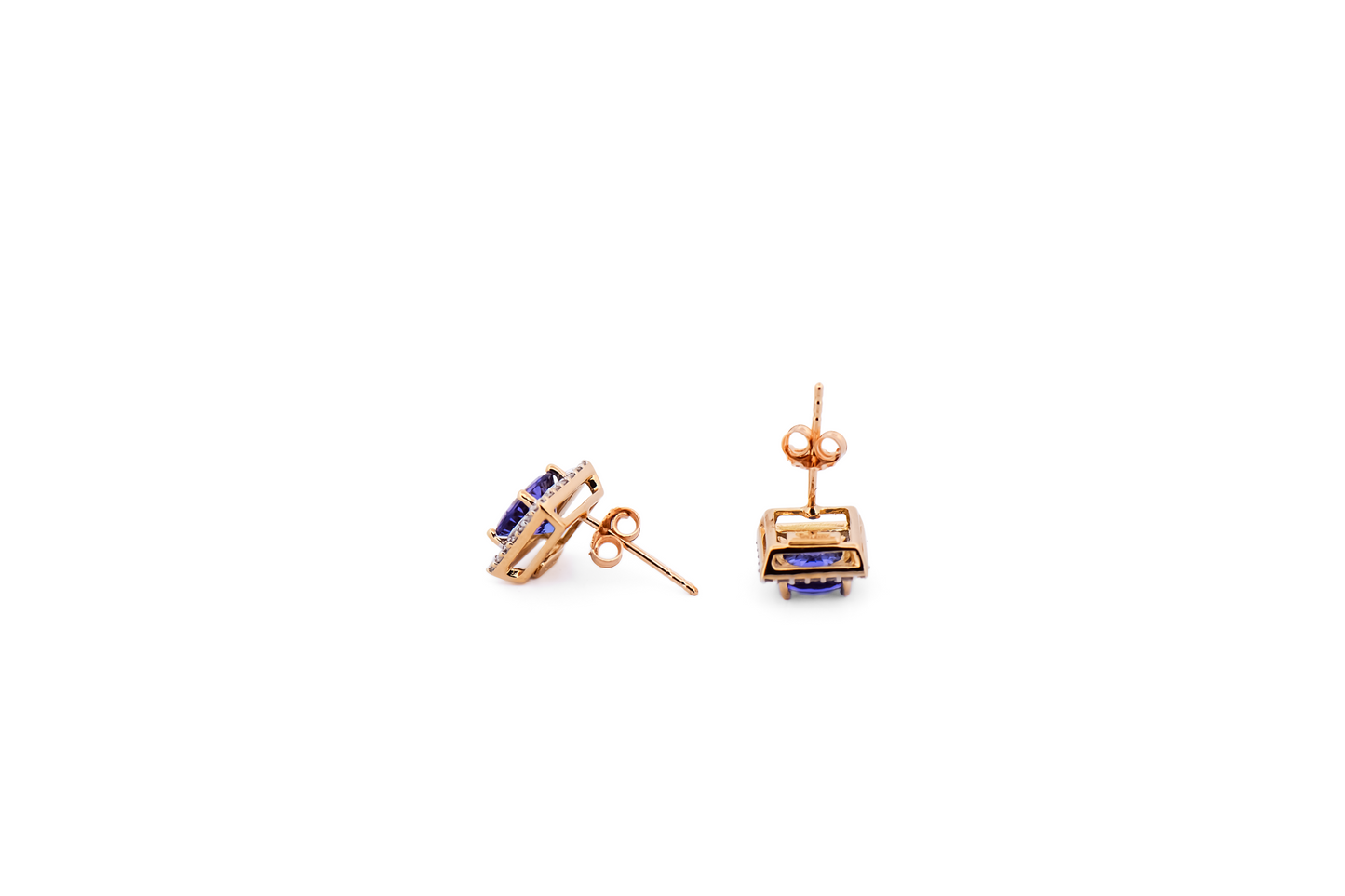 Stud Earrings with Round Tanzanite and Square Diamond Frames