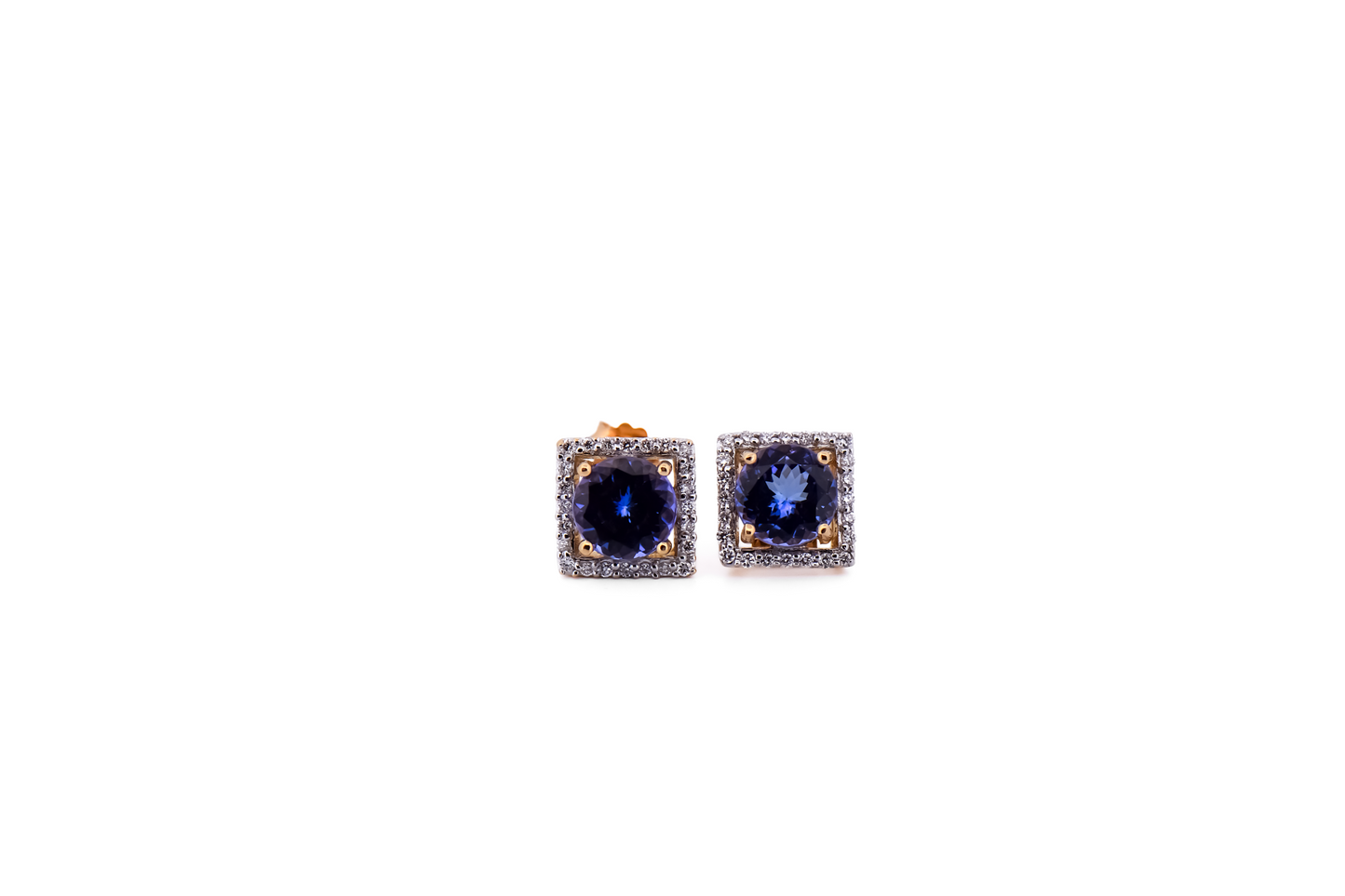 Stud Earrings with Round Tanzanite and Square Diamond Frames