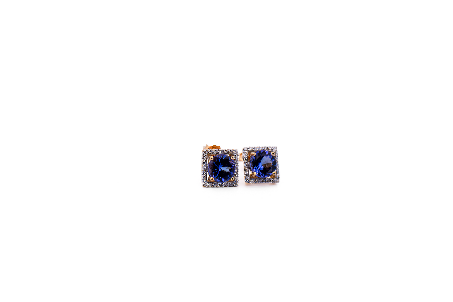 Stud Earrings with Round Tanzanite and Square Diamond Frames