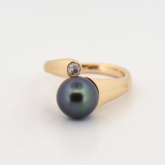 Tahitian Pearl and Diamond Bypass Ring in Yellow Gold