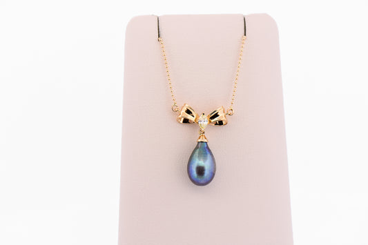 Tahitian Pearl & Yellow Diamond Bow Necklace in 14k Yellow Gold