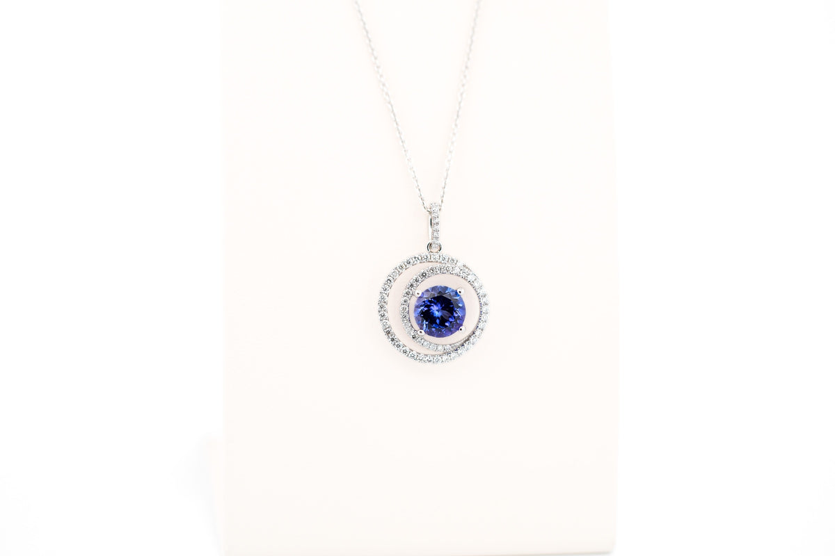 Tanzanite & Diamond Circle Spiral Pendant in White Gold