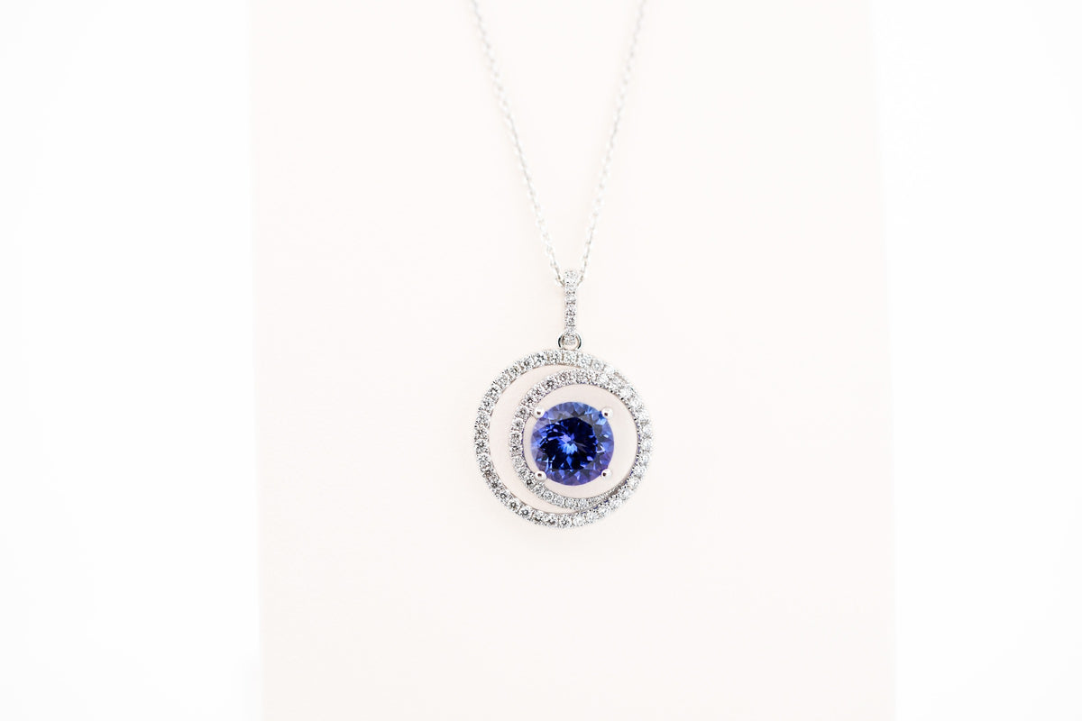 Tanzanite & Diamond Circle Spiral Pendant in White Gold