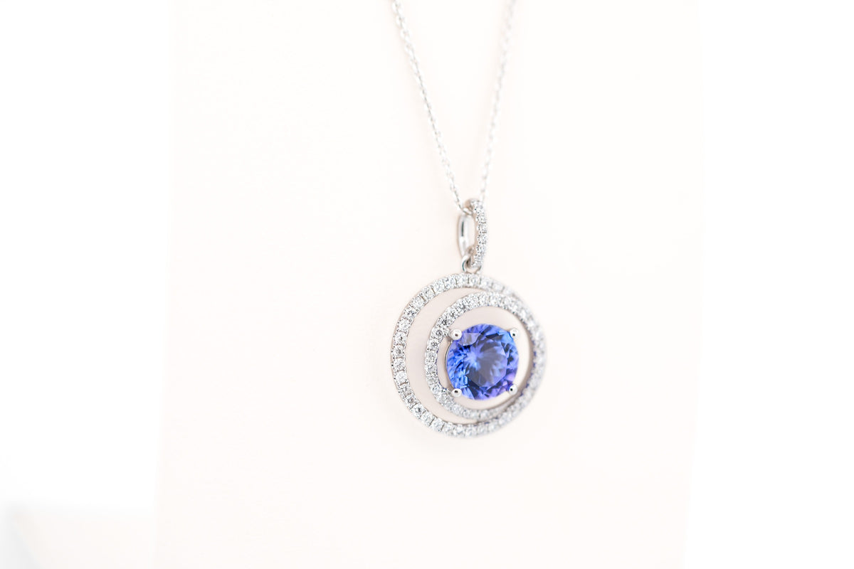 Tanzanite & Diamond Circle Spiral Pendant in White Gold