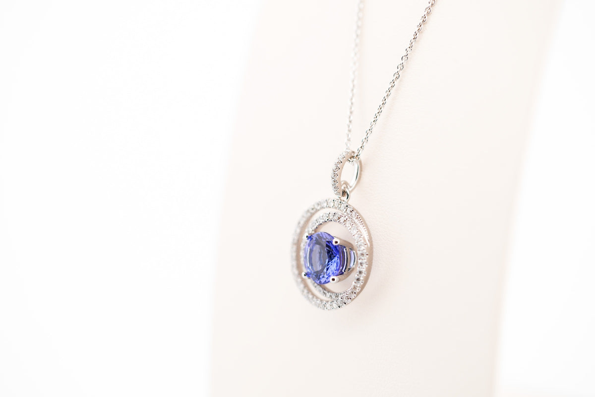 Tanzanite & Diamond Circle Spiral Pendant in White Gold