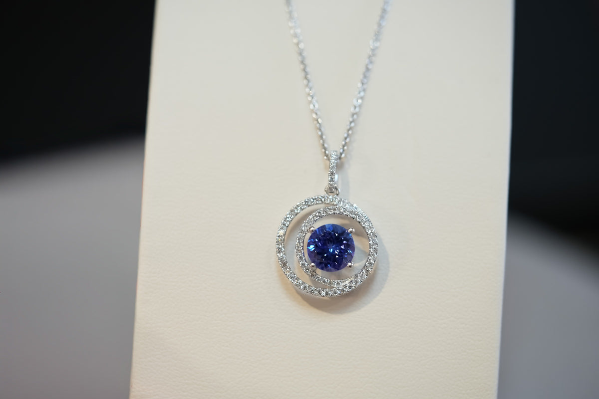 Tanzanite & Diamond Circle Spiral Pendant in White Gold