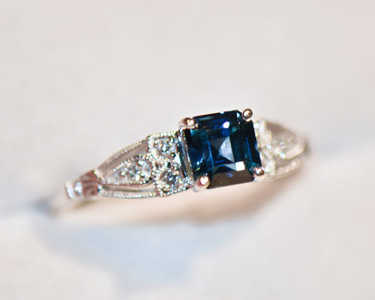 Vintage Style Engagement Ring with Emerald Cut Peacock Sapphire