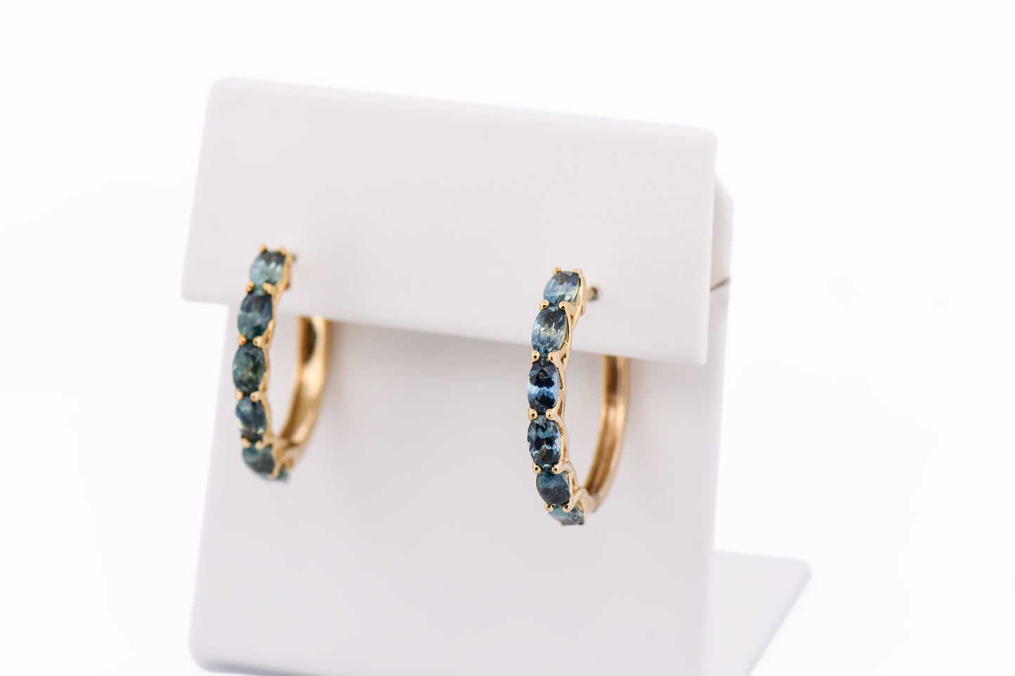 Teal Green Montana Sapphire Hoop Earrings in Yellow Gold