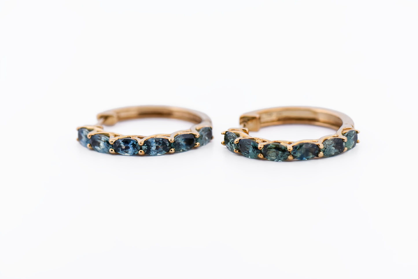 Teal Green Montana Sapphire Hoop Earrings in Yellow Gold