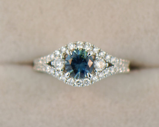 Round Teal Sapphire Ring with Diamond Accents