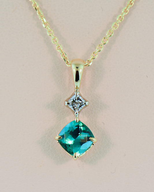 Teal Tourmaline & Diamond Pendant in Yellow Gold