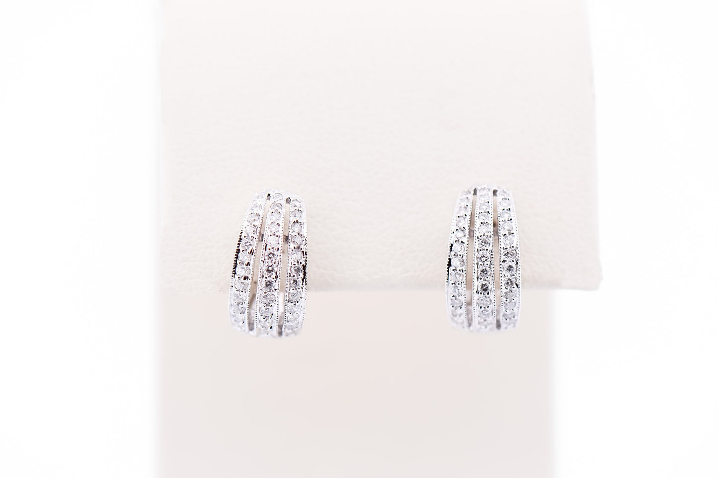 Three-Row Diamond Huggie Hoop Earrings in 18k White Gold