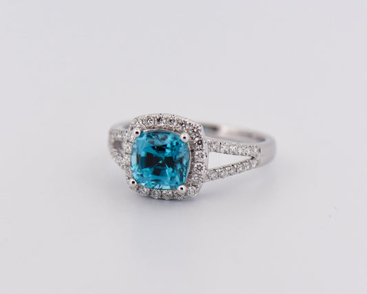 Top Gem Blue Zircon Square Halo Ring