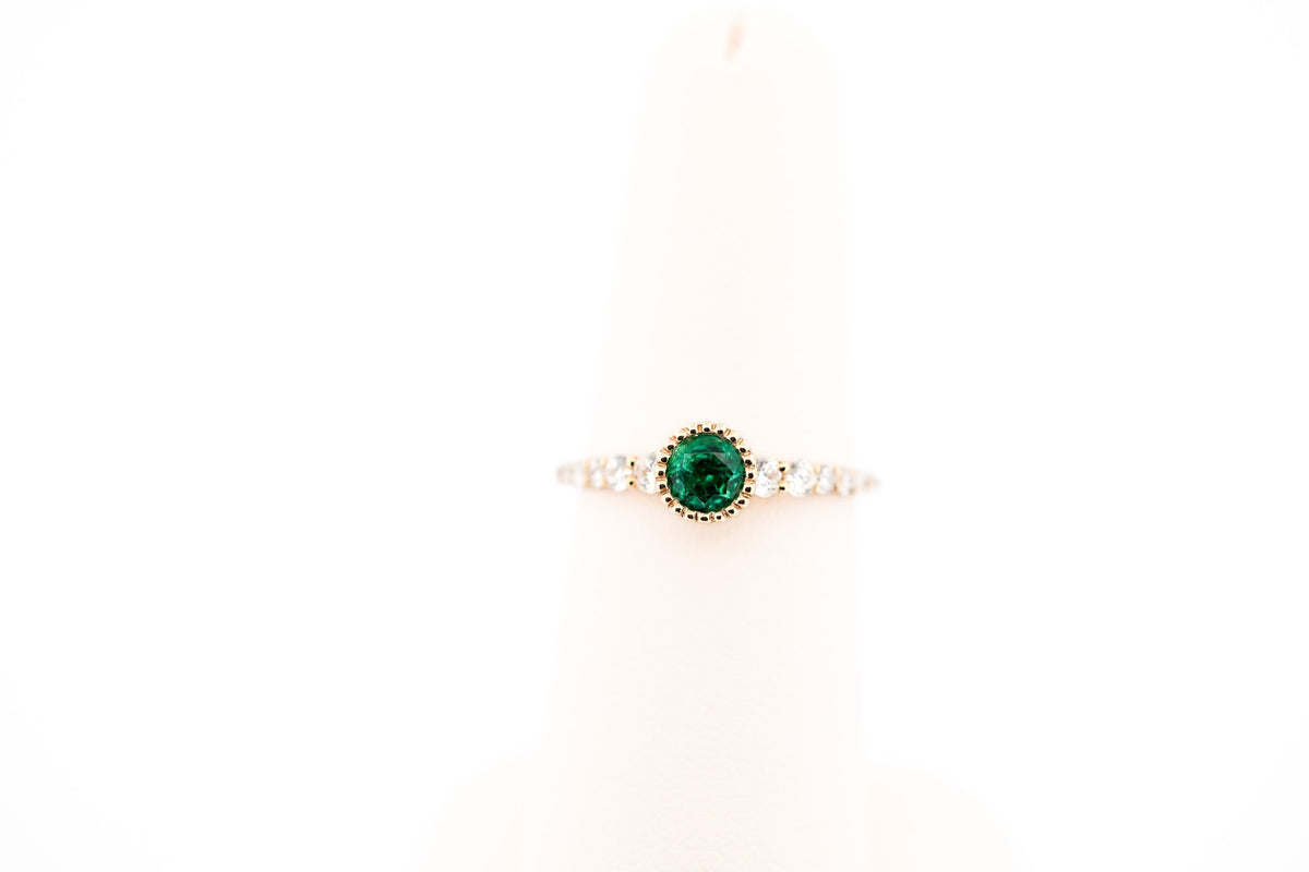 Top Gem Quality Round Emerald Engagement Ring in Yellow Gold Milgrain Bezel