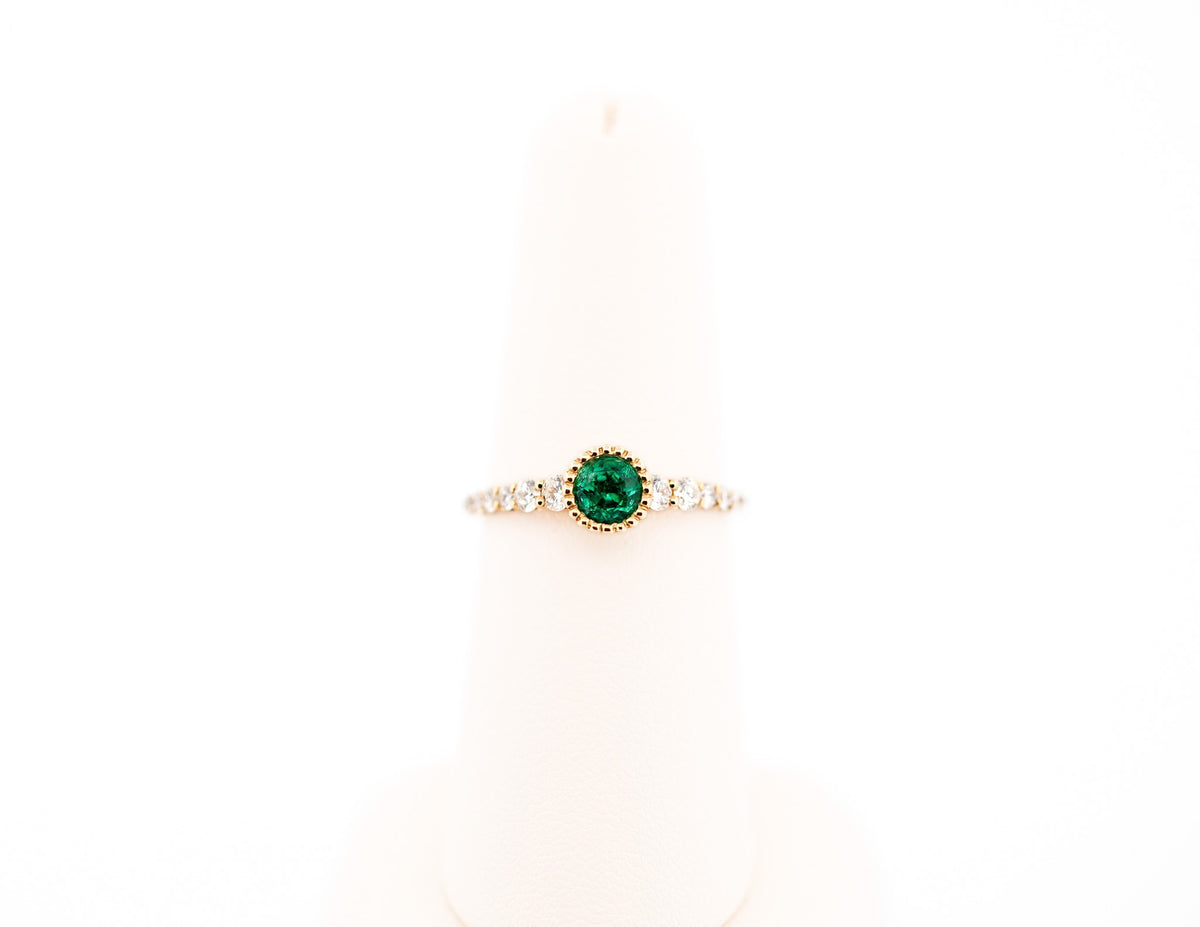 Top Gem Quality Round Emerald Engagement Ring in Yellow Gold Milgrain Bezel