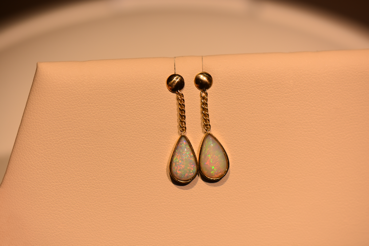 Top Quality Brazilian Opal Dangle Earrings in 14k Yellow Gold
