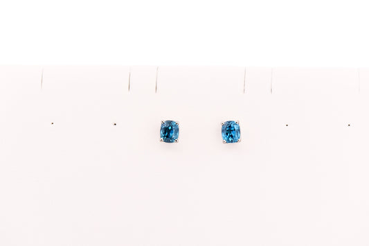 Top Quality Cushion Cut Blue Zircon Stud Earrings in White Gold
