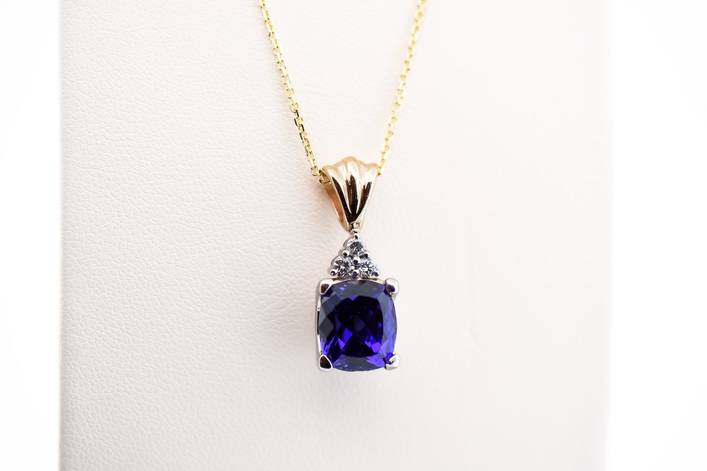 Top Quality Cushion Cut "D Block" Tanzanite & Diamond Pendant in 14k Two-Tone Gold